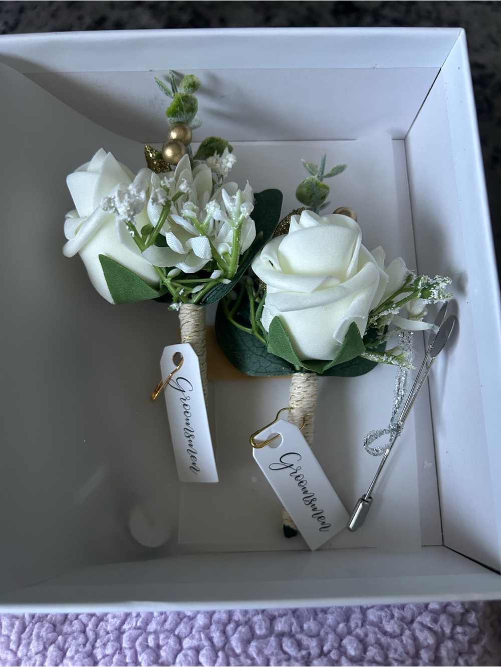 Greensweer White Rose Boutonniere Set - Elegant Faux Floral Pins